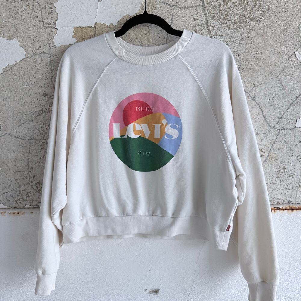Levis Sweatshirt White‎ Boxy Crewneck Graphic Print Womens M Vintage Inspired